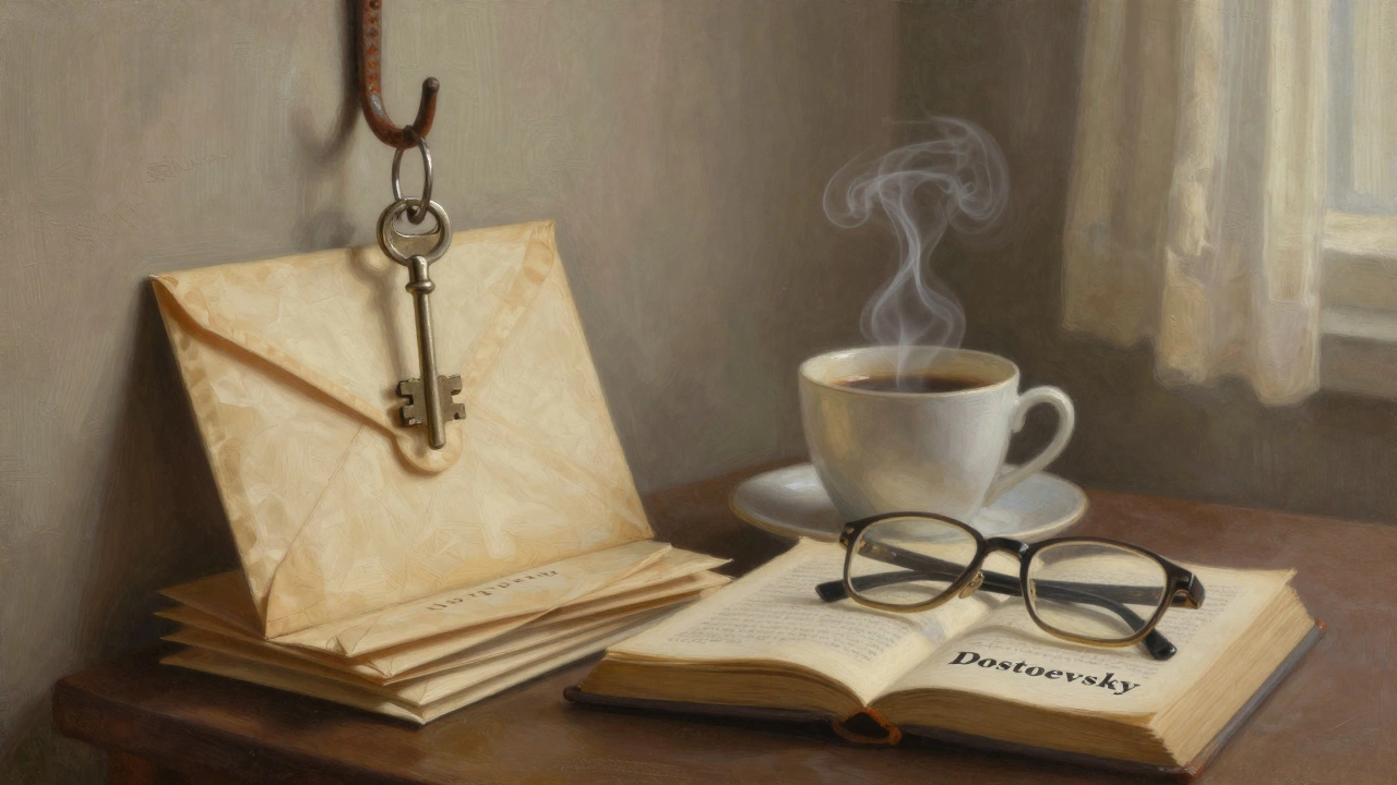 A key hangs beside unmarked envelopes and a coffee cup, symbolizing quiet trust and discretion.
