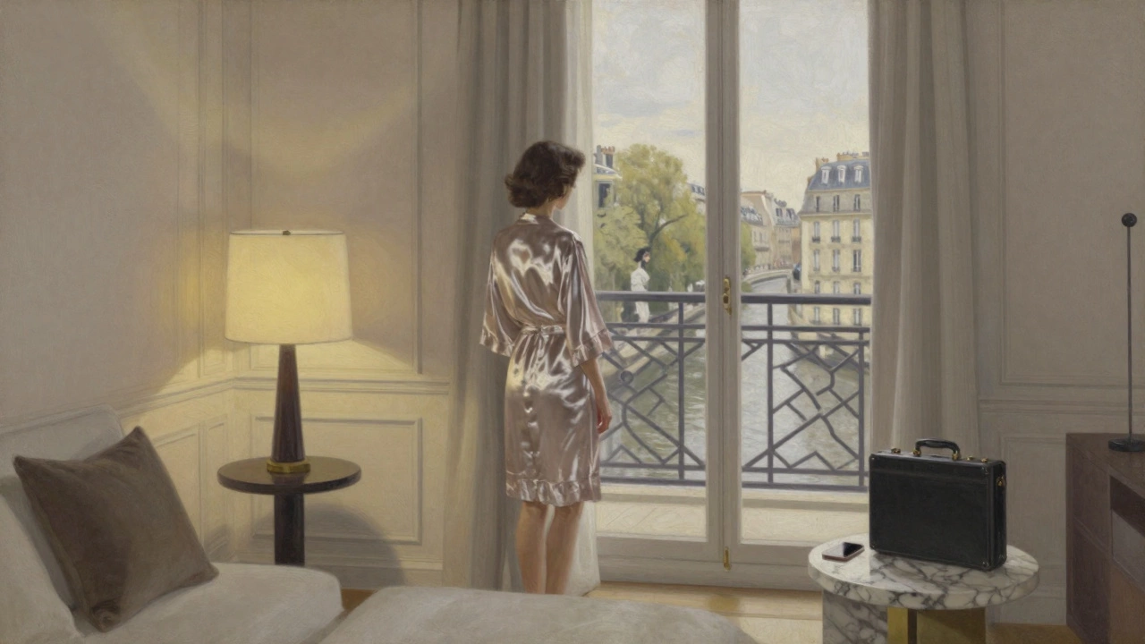 A woman stands by a window in a luxurious Paris apartment, evening light casting soft shadows.