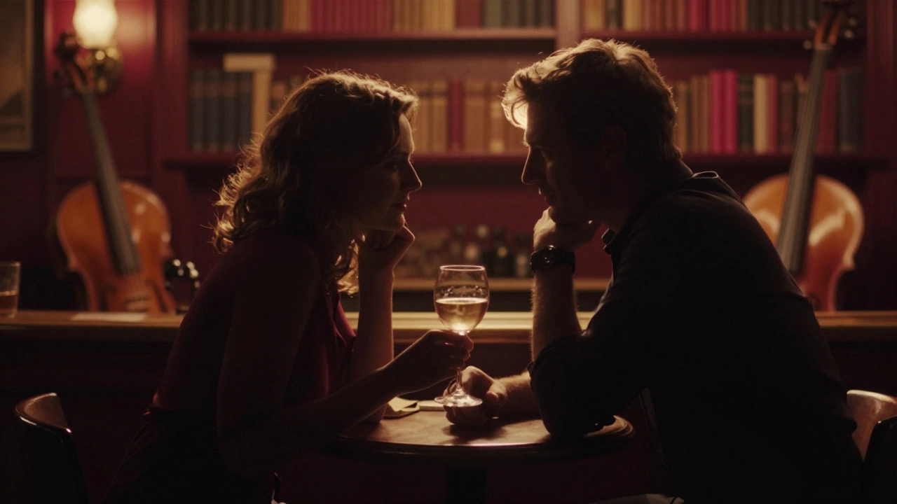 Two silhouettes share a quiet moment in a dimly lit Paris jazz bar.